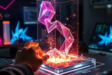 alt_text: A designer's hands manipulate a vibrant holographic interface, forming a photorealistic 3D object from glowing particles and shapes.