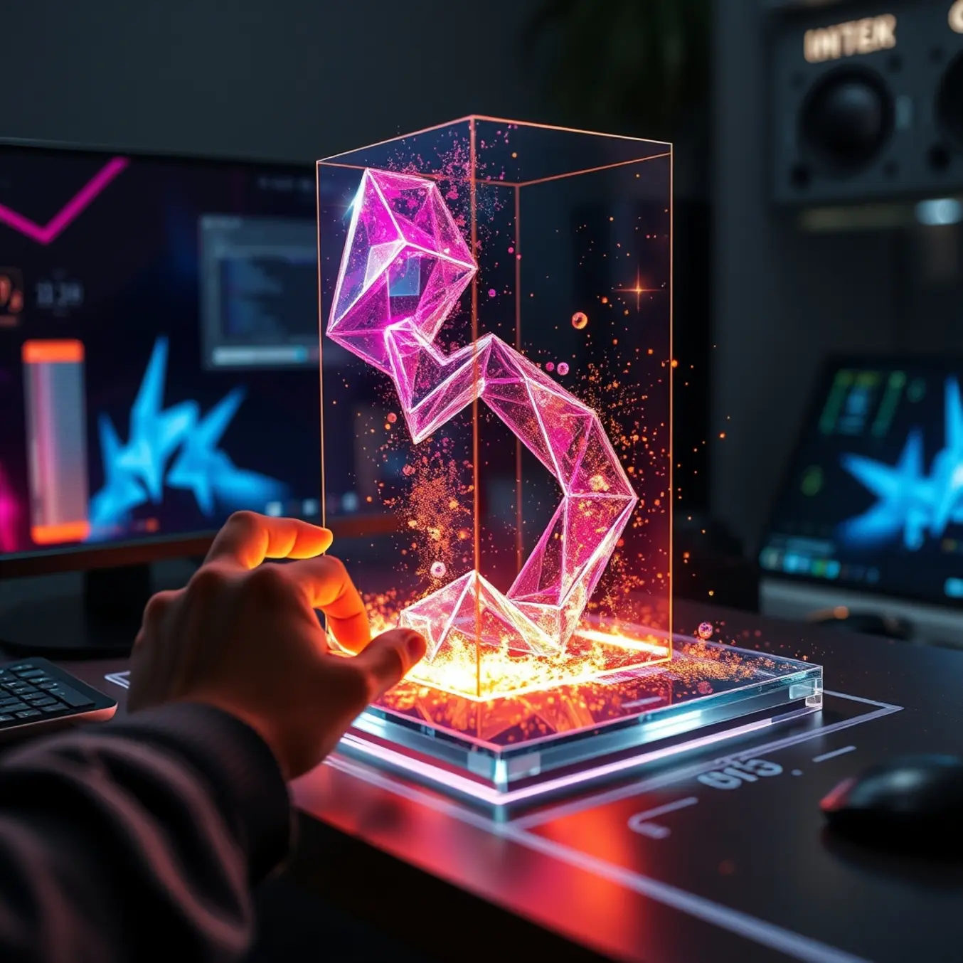alt_text: A designer's hands manipulate a vibrant holographic interface, forming a photorealistic 3D object from glowing particles and shapes.