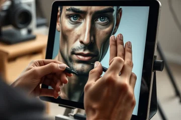 alt_text: An artist's hands meticulously refining a hyper-detailed digital portrait on a tablet in a modern studio.