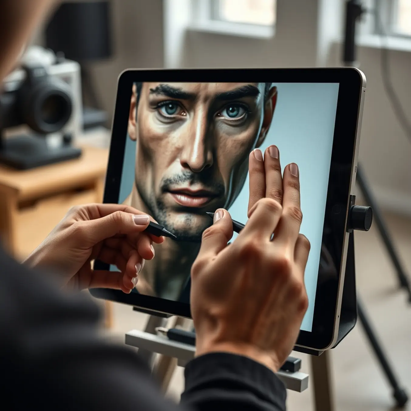 alt_text: An artist's hands meticulously refining a hyper-detailed digital portrait on a tablet in a modern studio.