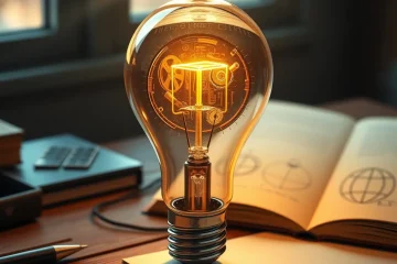 alt_text: A glowing lightbulb filled with intricate gears sits on a wooden desk next to a sketchbook with geometric diagrams, in soft morning light.