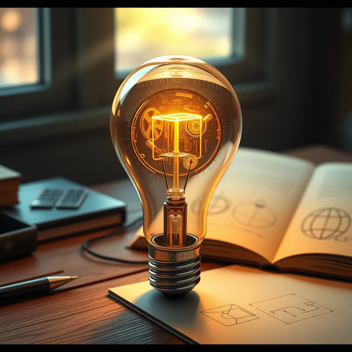 alt_text: A glowing lightbulb filled with intricate gears sits on a wooden desk next to a sketchbook with geometric diagrams, in soft morning light.