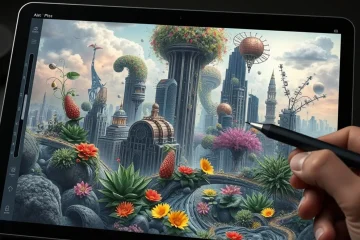 alt_text: A hyper-realistic album cover in progress, showing a cyberpunk city merging with organic botanicals on a designer's tablet.