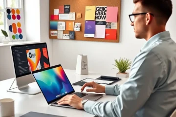 alt_text: A designer in a minimalist studio uses AI software on a laptop to create a vibrant marketing banner, with a mood board nearby.