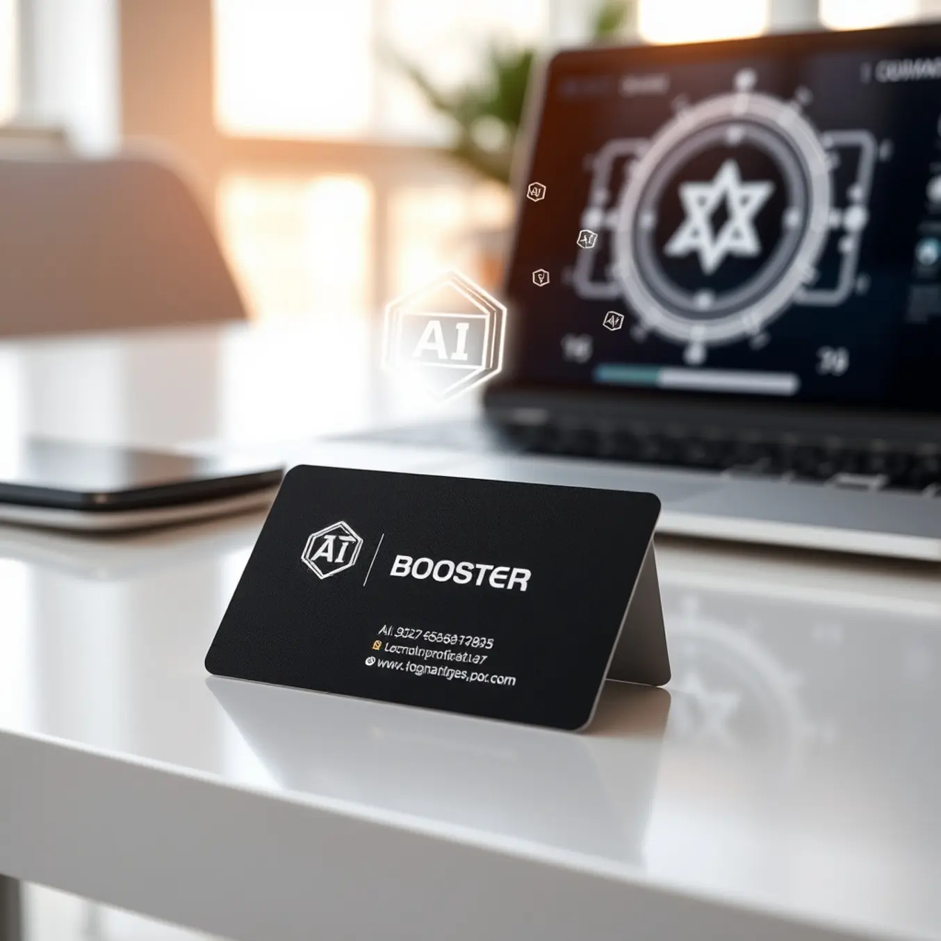 alt_text: AI interface designs a minimalist business card with holographic elements on a laptop in a bright, modern office.