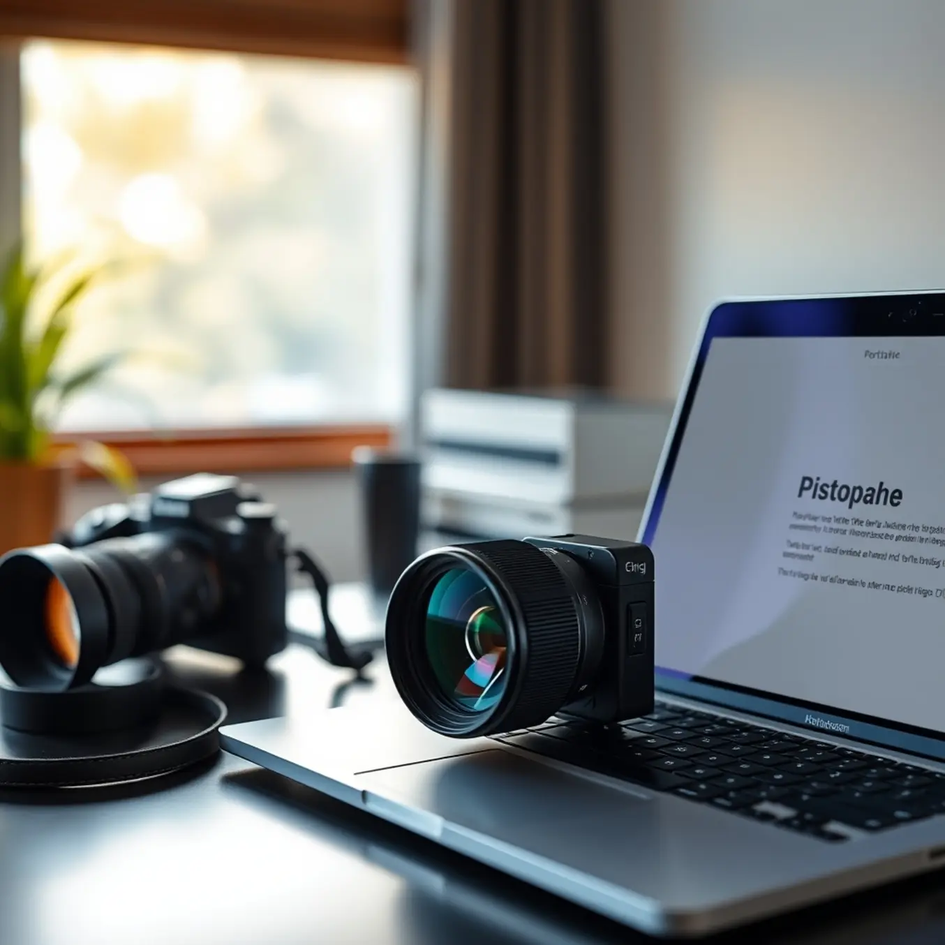 alt_text: A photographer's desk with a camera and laptop showing a side-by-side comparison of a blurry photo versus a sharp, clear one.