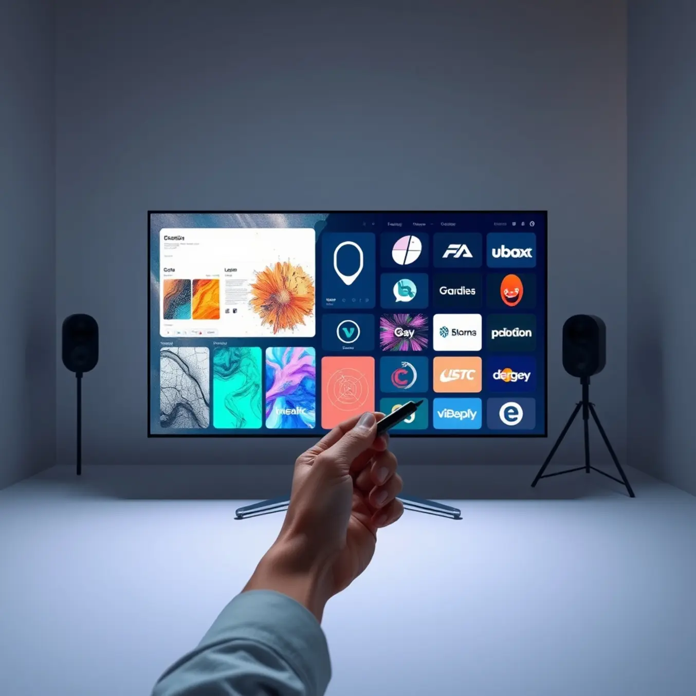 alt_text: A hand with a stylus directs an AI's creative flow over a vibrant digital mood board in a minimalist studio.