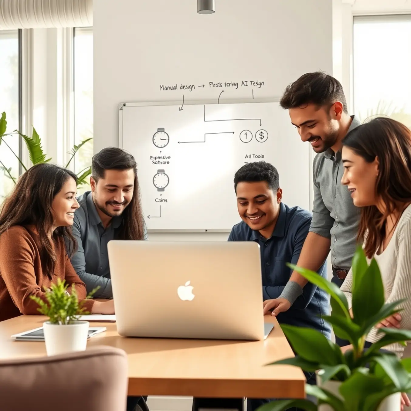 alt_text: Diverse team collaborates around a laptop showing an AI design interface, with a whiteboard flowchart illustrating cost savings from manual to AI tools.