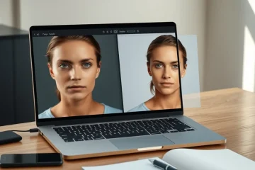alt_text: A hyper-realistic workspace showing a laptop's split-screen comparison of an AI-generated portrait before and after enhancement using simple AI editing tools.