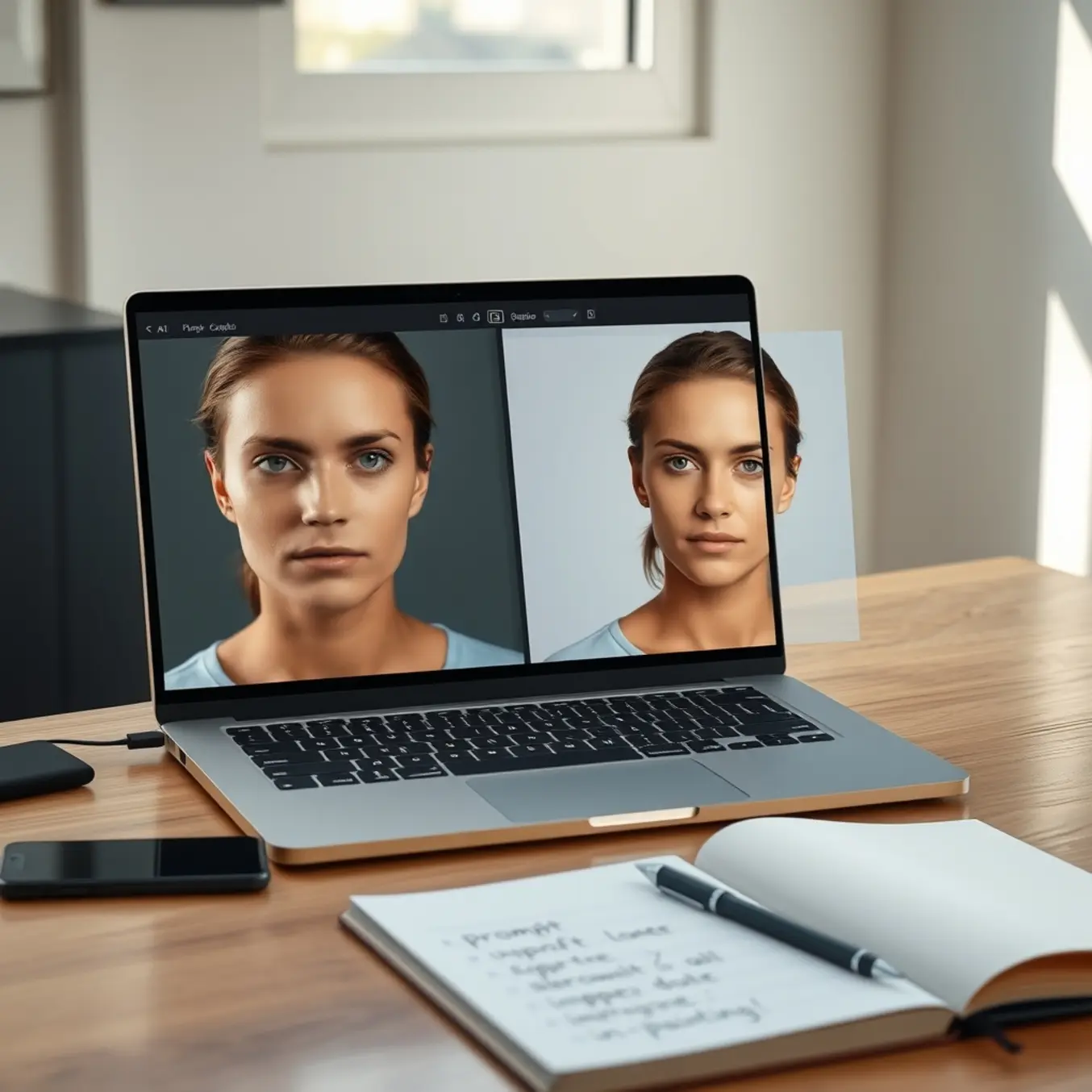 alt_text: A hyper-realistic workspace showing a laptop's split-screen comparison of an AI-generated portrait before and after enhancement using simple AI editing tools.
