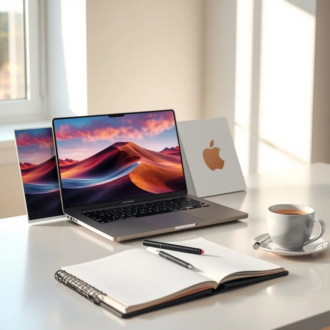 alt_text: A modern workspace with a laptop and matching art print displaying a vibrant AI-generated abstract landscape, a sketchbook, and coffee.