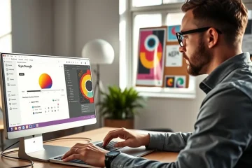 alt_text: A designer in a minimalist studio uses AI software to adjust a poster's style strength, referencing a mood board in morning light.