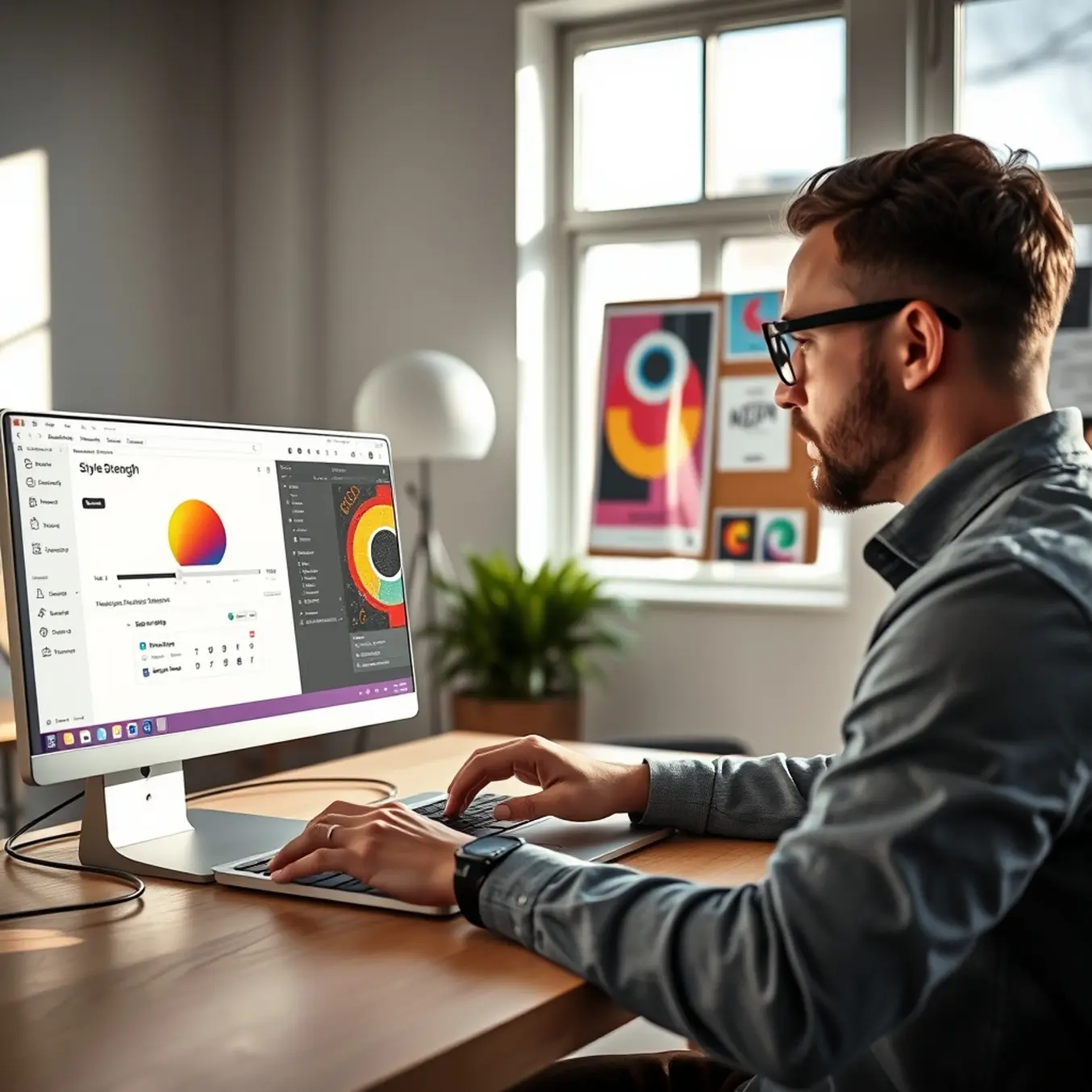 alt_text: A designer in a minimalist studio uses AI software to adjust a poster's style strength, referencing a mood board in morning light.