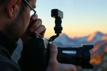 alt_text: A photographer uses an AI-assisted camera to capture the perfect golden hour mountain landscape.