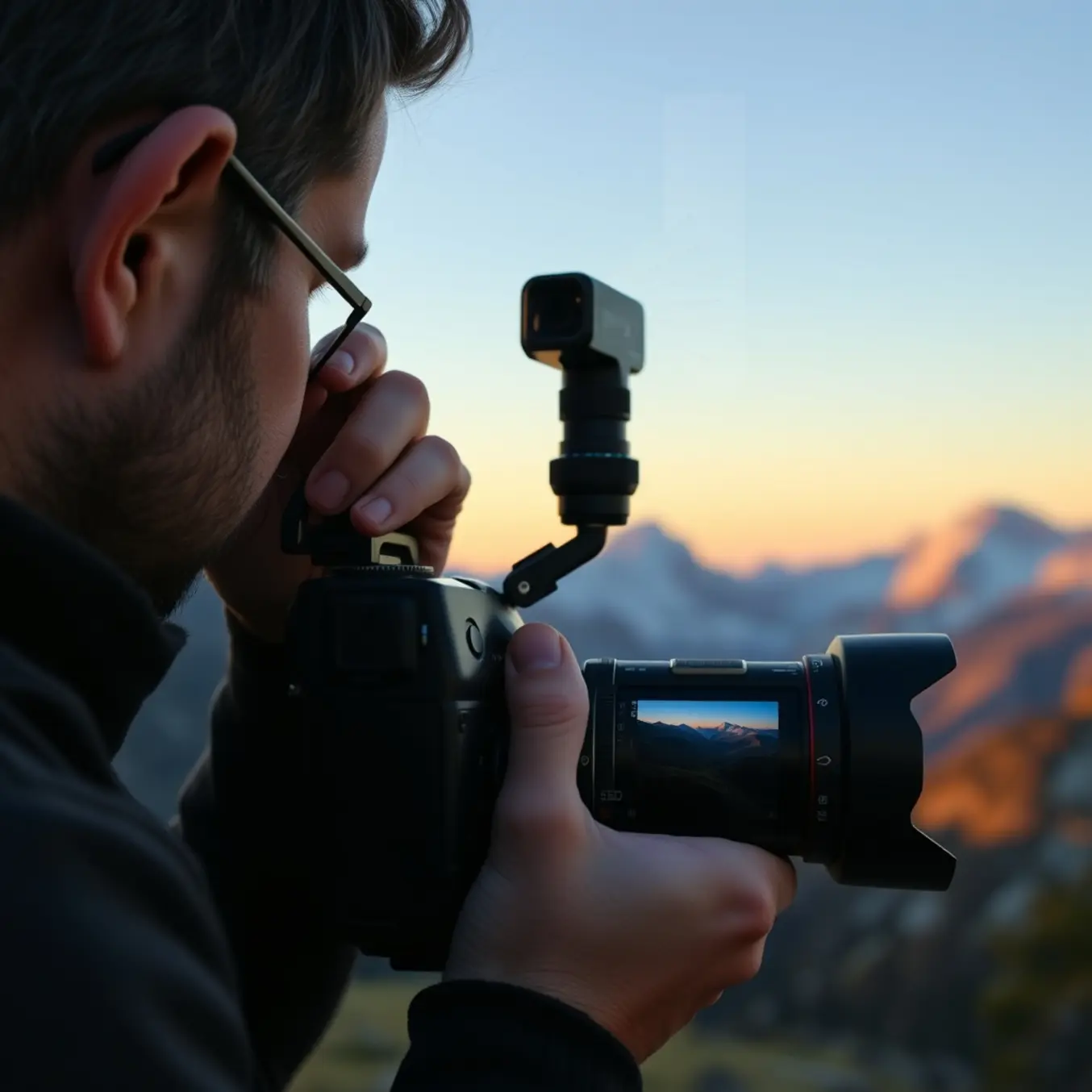 alt_text: A photographer uses an AI-assisted camera to capture the perfect golden hour mountain landscape.