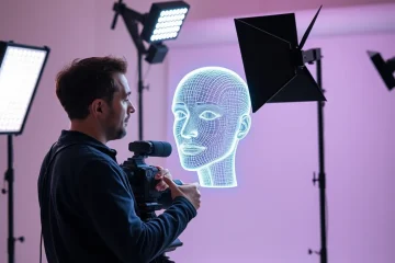 alt_text: A cinematographer adjusts LED lights on a C-stand, illuminating a holographic face model to demonstrate professional lighting techniques.