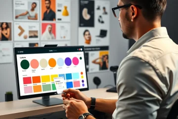 alt_text: A designer uses a color picker on a vibrant digital brand palette, with AI variations and a mood board in the background.