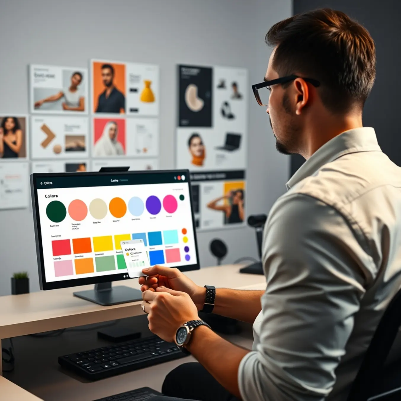 alt_text: A designer uses a color picker on a vibrant digital brand palette, with AI variations and a mood board in the background.