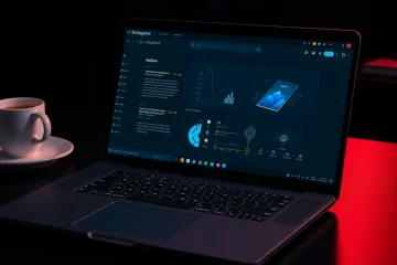 alt_text: A sleek laptop on a dark desk displays a minimalist, glowing AI interface in dark mode, with a coffee cup nearby.