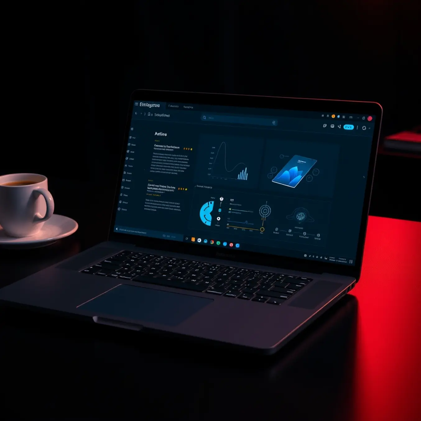 alt_text: A sleek laptop on a dark desk displays a minimalist, glowing AI interface in dark mode, with a coffee cup nearby.