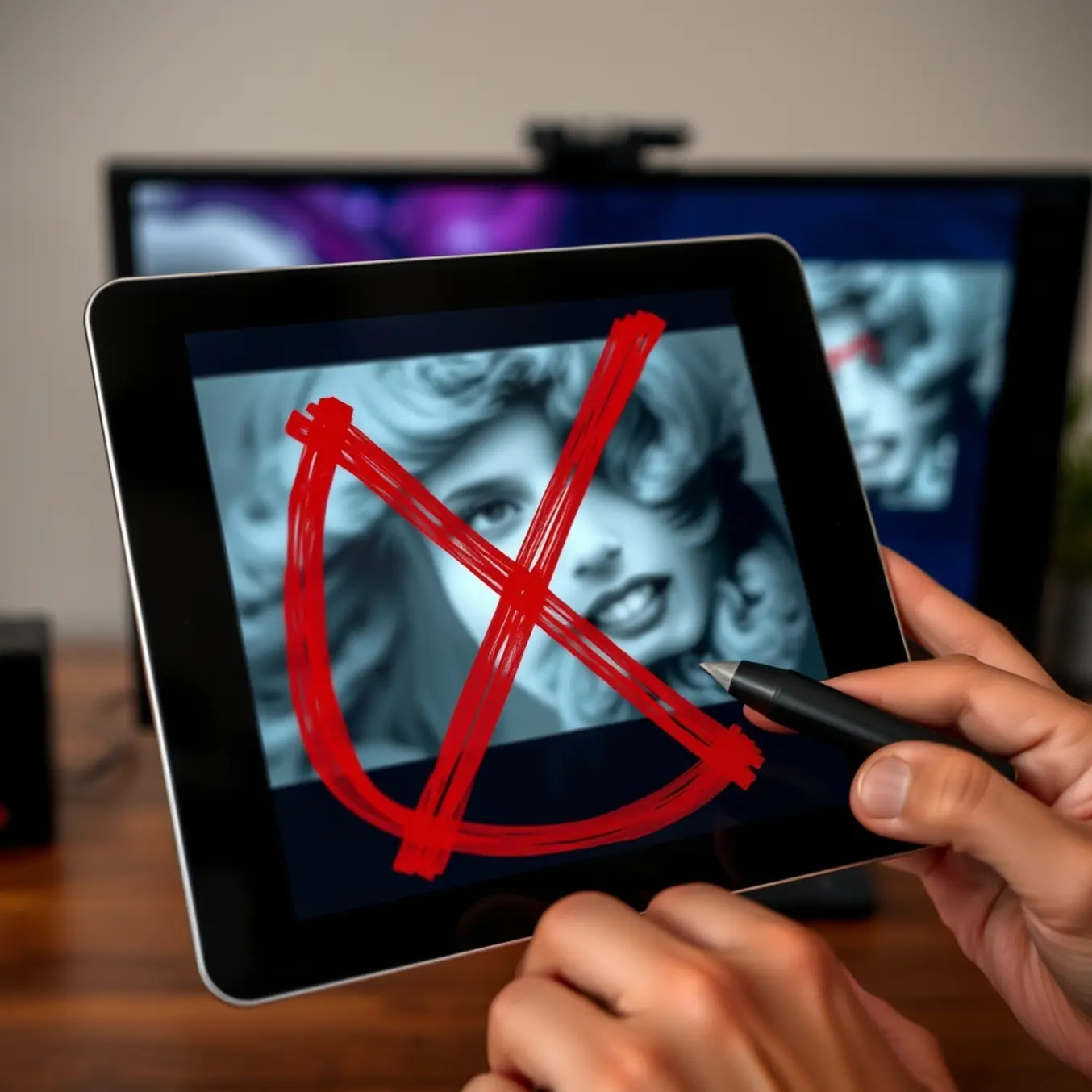 alt_text: A hand draws a red X on a blurry tablet image, while a clear version is displayed on a monitor, symbolizing exclusion and refinement.