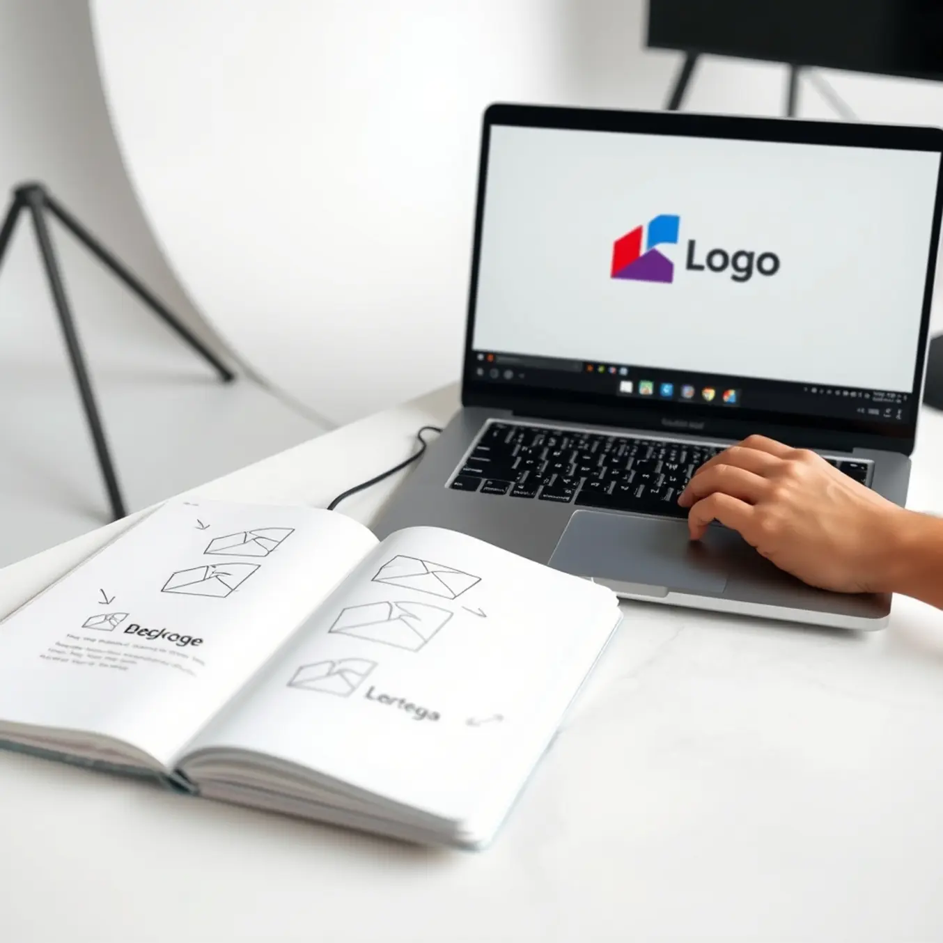 alt_text: A designer's hands refine a geometric logo on a laptop, with an open sketchbook showing early concepts in a bright, minimalist studio.