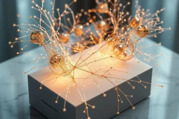 alt_text: Glowing gold and silver neural network woven into minimalist packaging on marble, blending organic texture with digital intelligence.