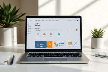 alt_text: A minimalist workspace with a laptop showing an AI design interface, surrounded by design icons in soft morning light.