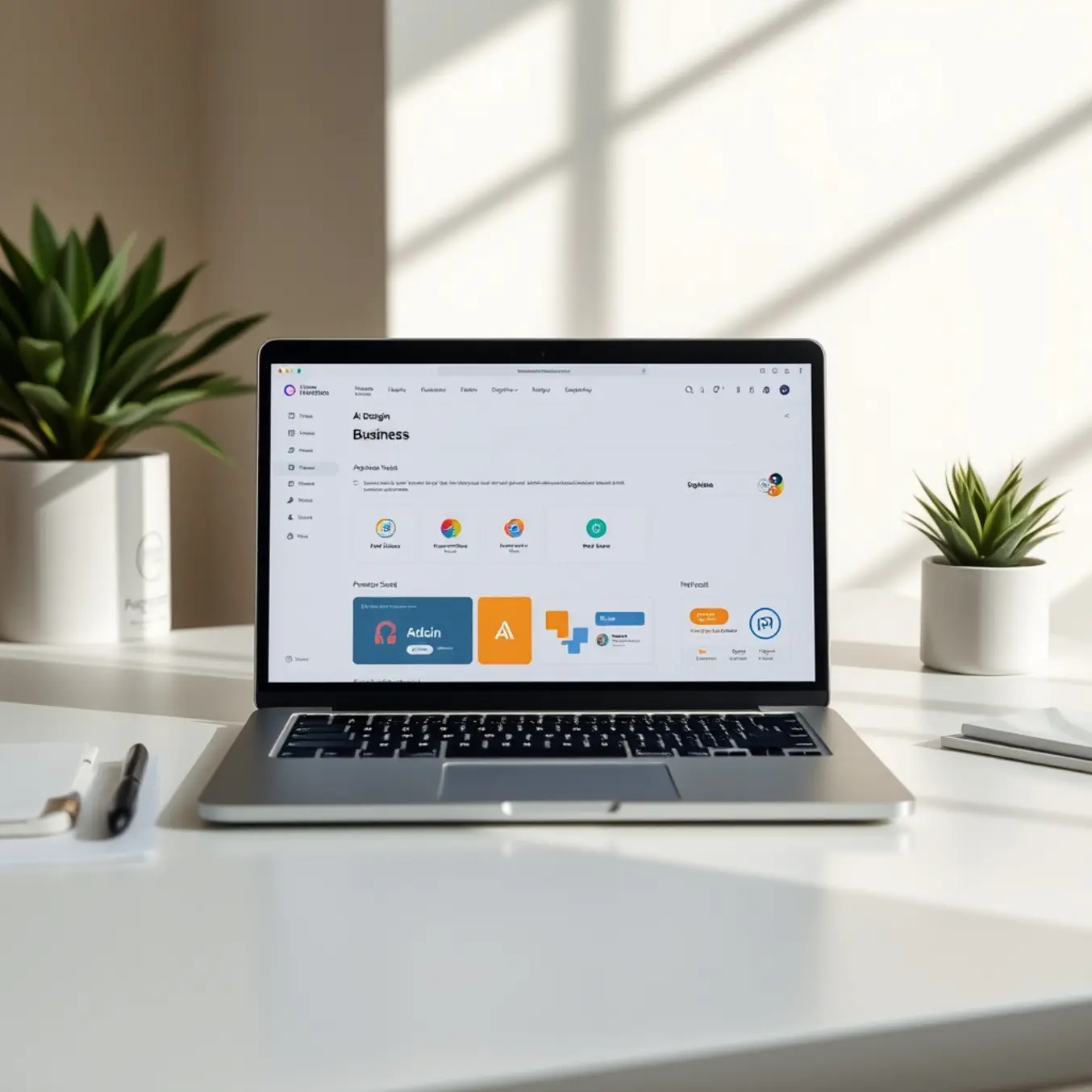 alt_text: A minimalist workspace with a laptop showing an AI design interface, surrounded by design icons in soft morning light.