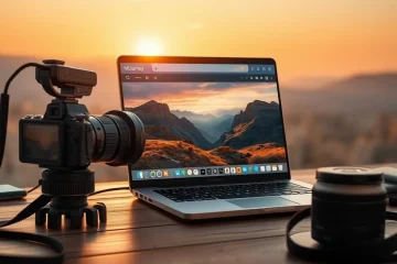 alt_text: A photographer's golden hour workspace, with a camera and a laptop where a vibrant landscape photo appears to be AI-generated on-screen.