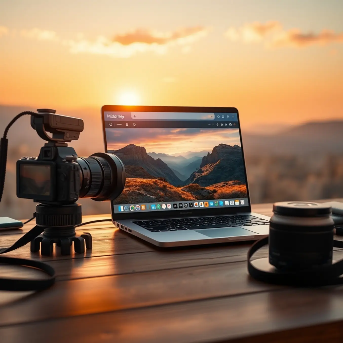 alt_text: A photographer's golden hour workspace, with a camera and a laptop where a vibrant landscape photo appears to be AI-generated on-screen.
