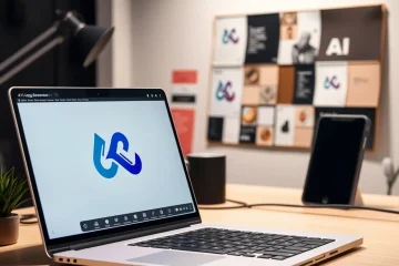 **alt_text:** A designer uses an AI logo generator on a laptop, refining a sleek abstract logo with a color and typography mood board nearby.