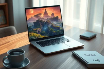 alt_text: A laptop displays a vibrant AI-generated fantasy landscape on a sunlit desk with coffee and a notebook labeled "Prompt Craft."