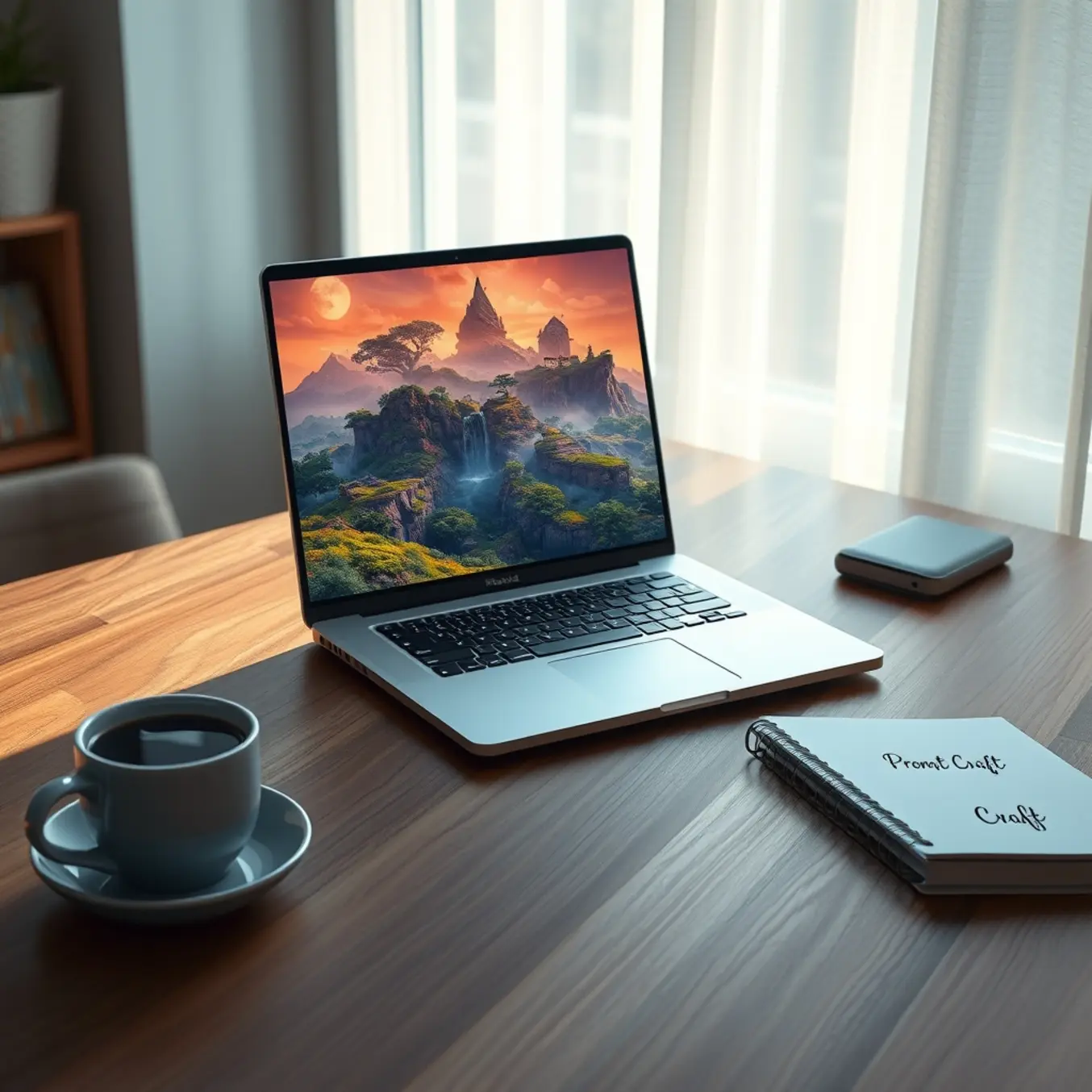 alt_text: A laptop displays a vibrant AI-generated fantasy landscape on a sunlit desk with coffee and a notebook labeled "Prompt Craft."