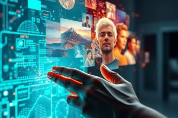 Digital artist manipulates a holographic interface, conjuring photorealistic landscapes and portraits from luminous data streams.