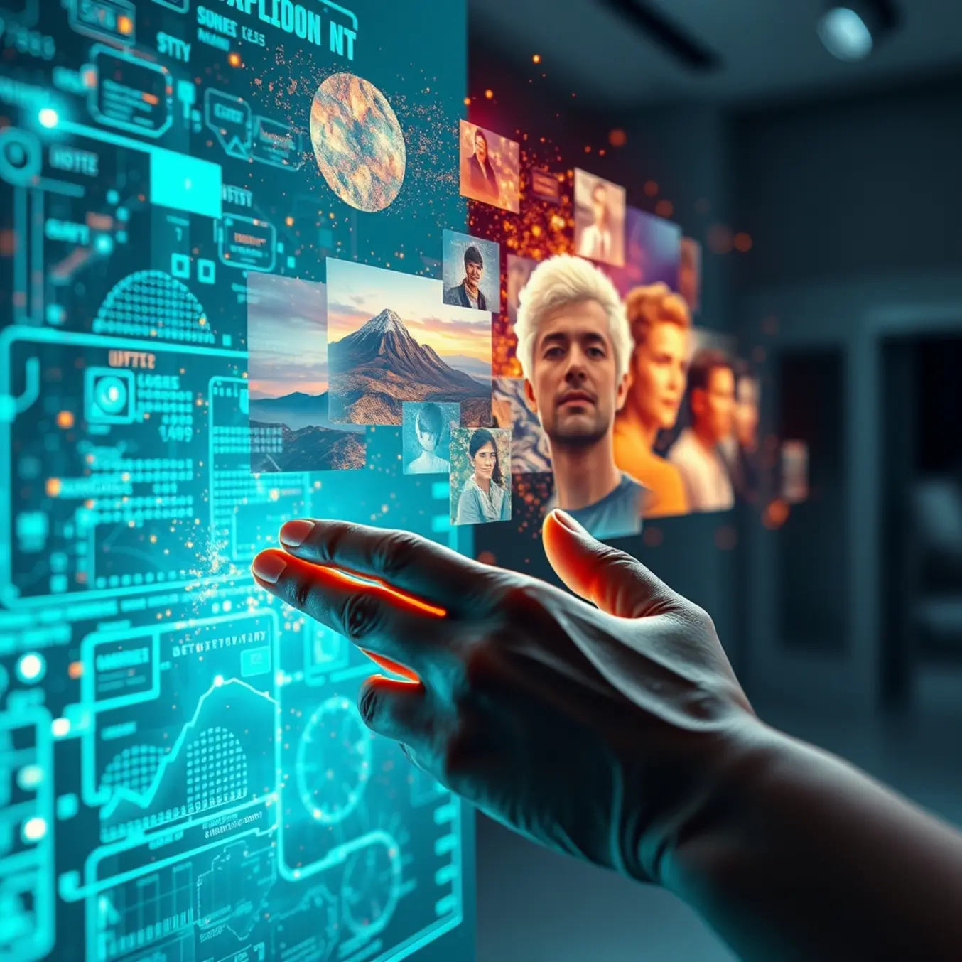 Digital artist manipulates a holographic interface, conjuring photorealistic landscapes and portraits from luminous data streams.