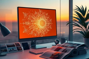 alt_text: A sleek, modern desk at dusk with a glowing screen displaying AI art, surrounded by curated prints in cinematic lighting.