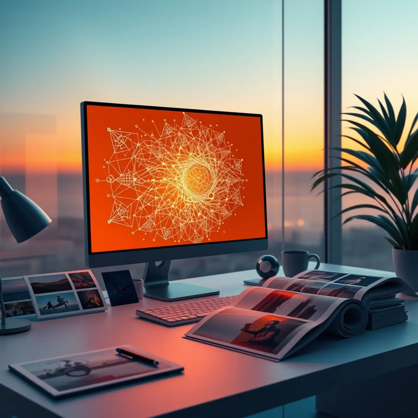 alt_text: A sleek, modern desk at dusk with a glowing screen displaying AI art, surrounded by curated prints in cinematic lighting.