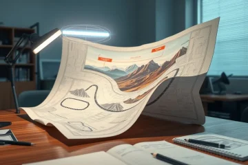 alt_text: A hyper-realistic blueprint on a desk with a glowing AI interface creating vibrant landscapes, surrounded by artistic tools in a modern studio.