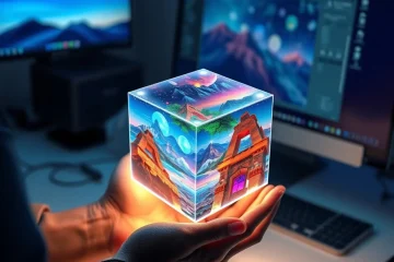 alt_text: An artist's hands hold a glowing holographic cube displaying shifting digital art, set on a designer's desk with a creative AI interface.