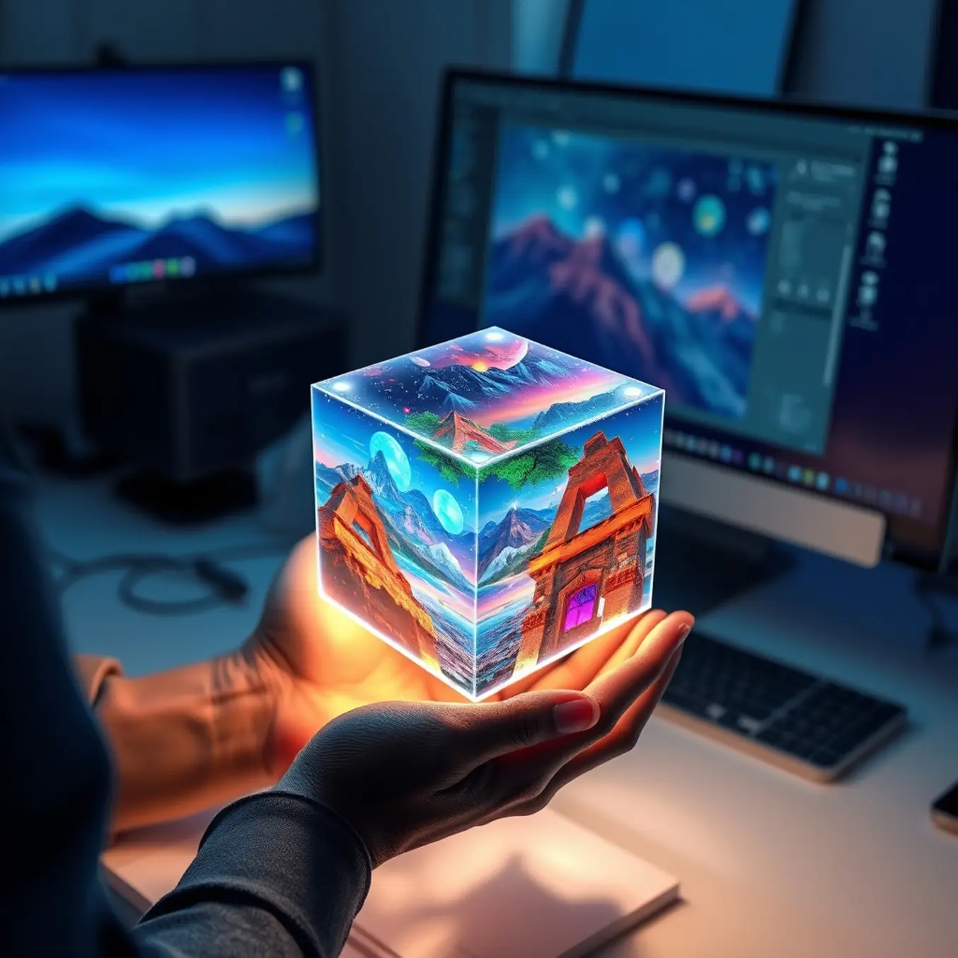 alt_text: An artist's hands hold a glowing holographic cube displaying shifting digital art, set on a designer's desk with a creative AI interface.