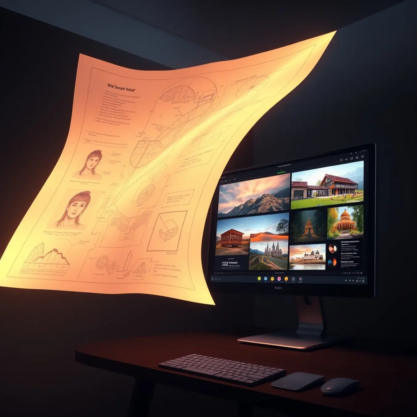 alt_text: A glowing blueprint in a dark studio spawns photorealistic images, illuminated by the Midjourney interface on a monitor.