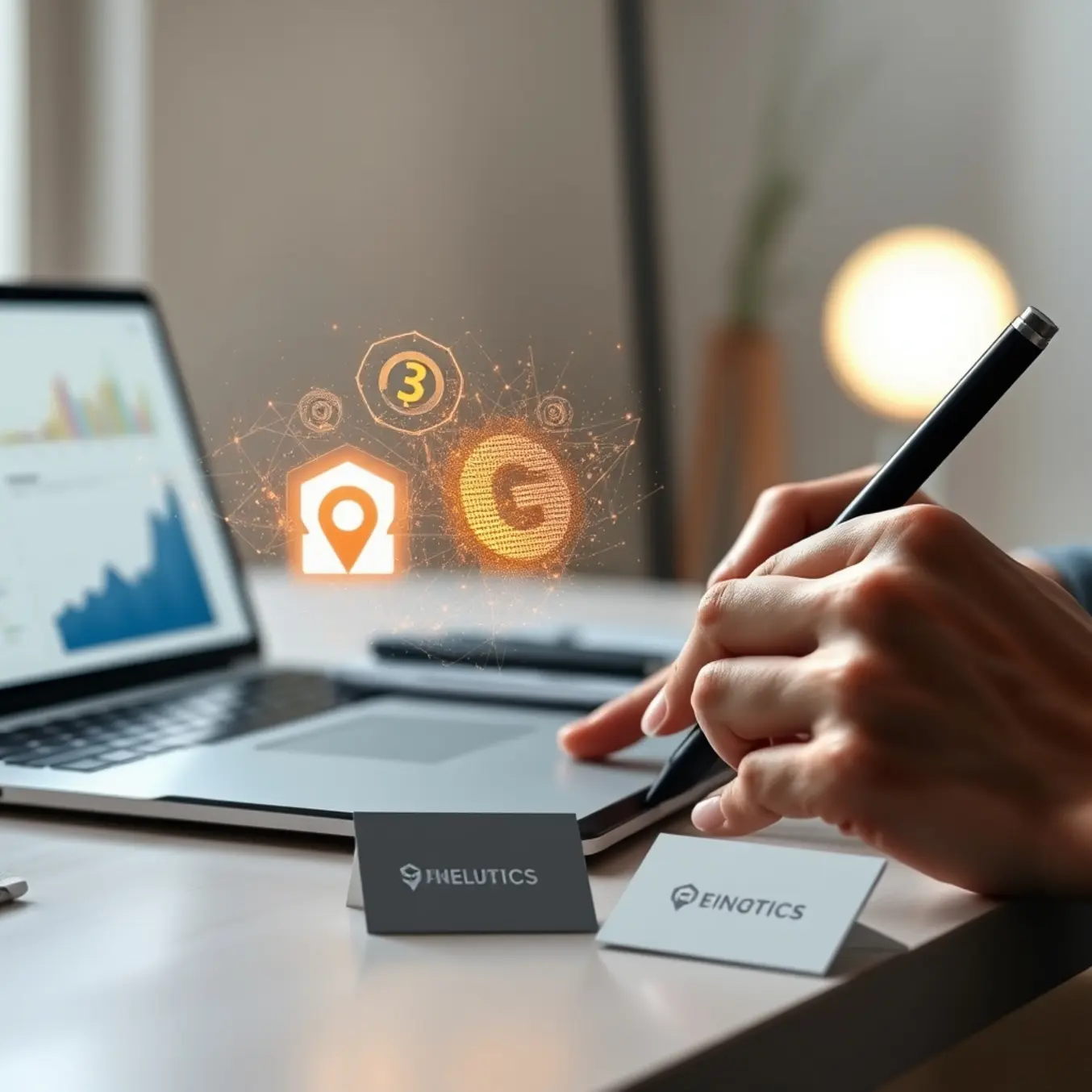 alt_text: A designer creates a glowing 3D brand logo from digital particles on a tablet, with analytics and a business card nearby.