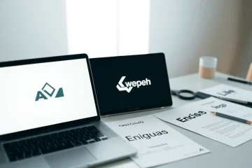 alt_text: A minimalist workspace with a laptop showing a geometric AI logo and elegant printed font specimens on paper, softly lit.