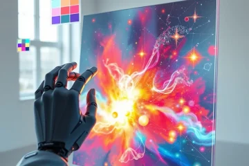 alt_text: A human and a robotic hand collaboratively paint a vibrant nebula on a futuristic transparent canvas in a bright studio.