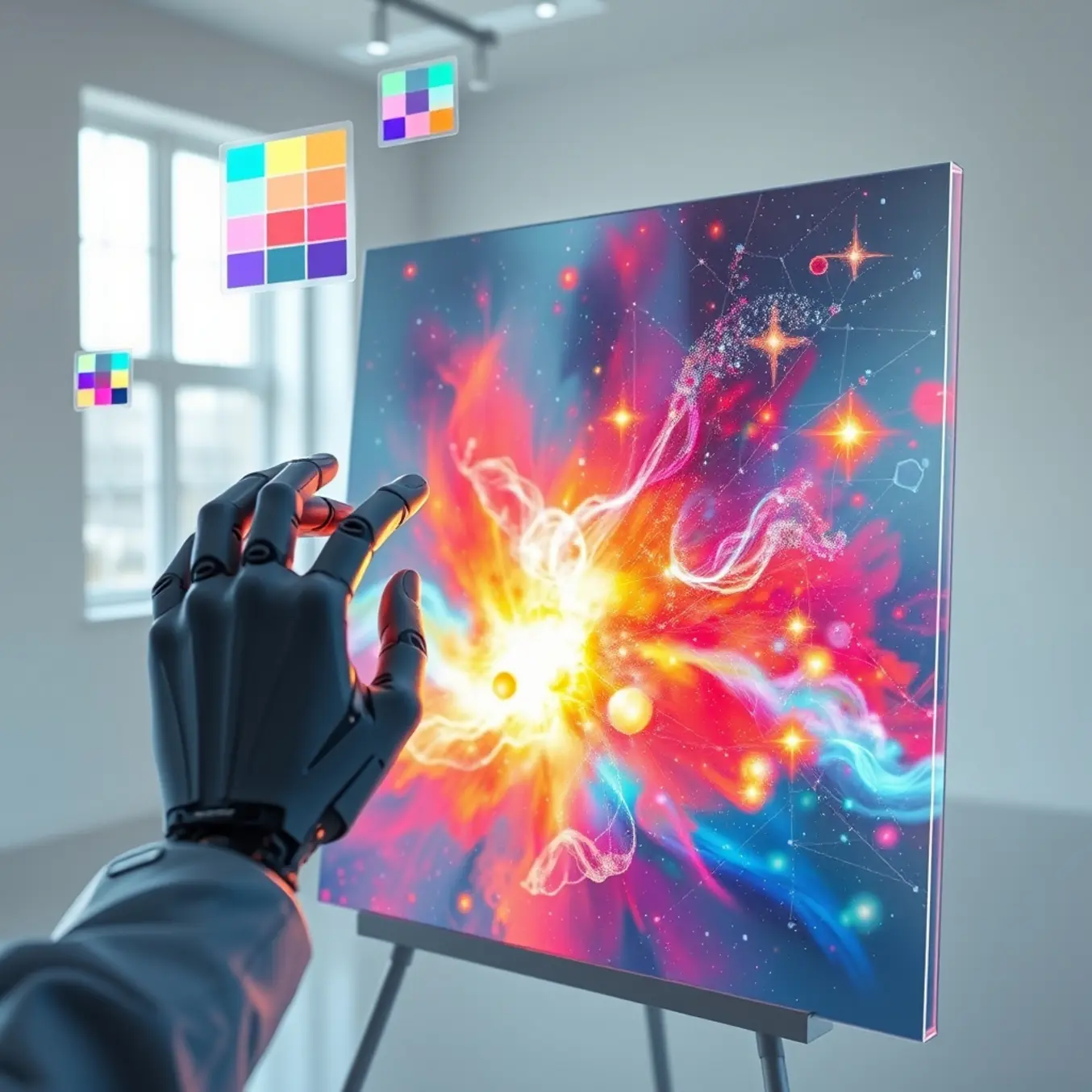 alt_text: A human and a robotic hand collaboratively paint a vibrant nebula on a futuristic transparent canvas in a bright studio.