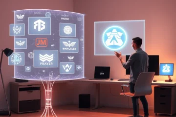 alt_text: A human designer and a glowing AI neural network collaborate, creating dynamic brand visuals on holographic screens in a minimalist studio.
