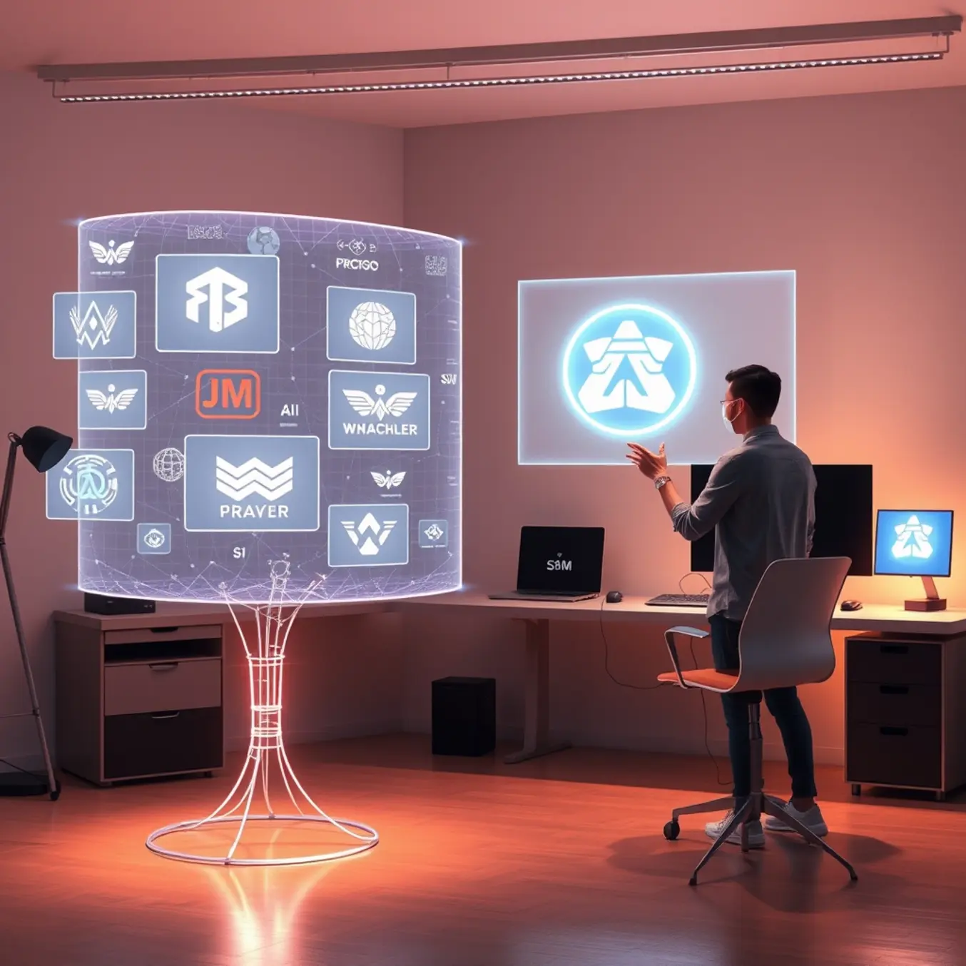 alt_text: A human designer and a glowing AI neural network collaborate, creating dynamic brand visuals on holographic screens in a minimalist studio.