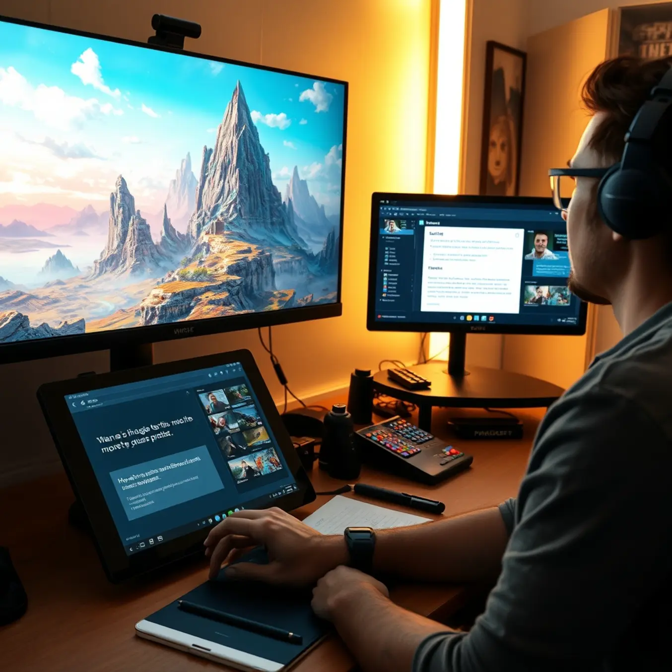 alt_text: A digital artist blends traditional and AI tools to create vibrant fantasy concept art in a focused studio.