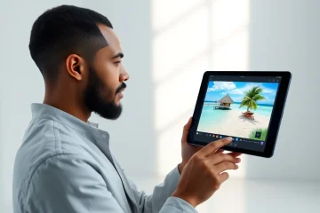 alt_text: An influencer edits a vibrant AI beach image on a tablet, split-screen showing the raw AI output and polished final social media post.